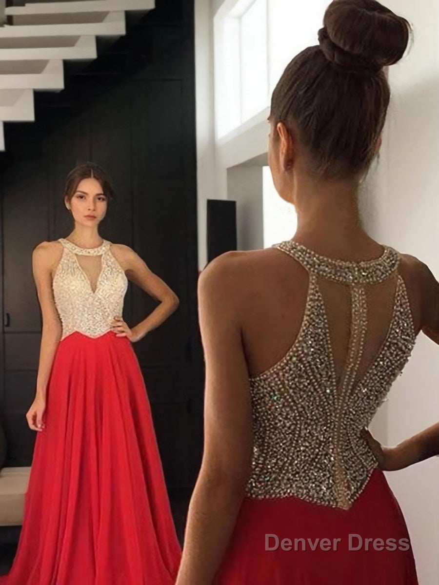 A Line Halter Sweep Train Chiffon Prom Dresses With Beading