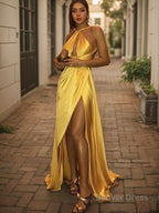 A Line Halter Sweep Train Silk like Satin Prom Dresses With Leg Slit