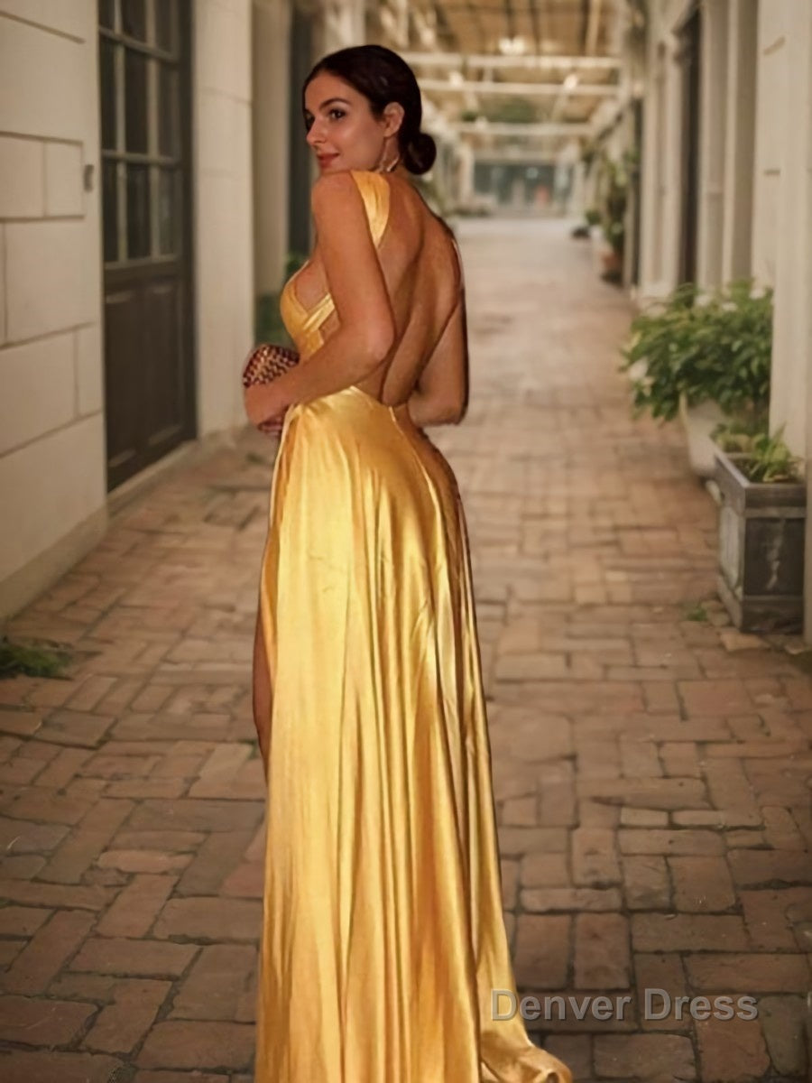 A Line Halter Sweep Train Silk like Satin Prom Dresses With Leg Slit Secondary image