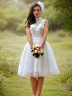 A Line High Neck Knee Length Tulle Wedding Dresses