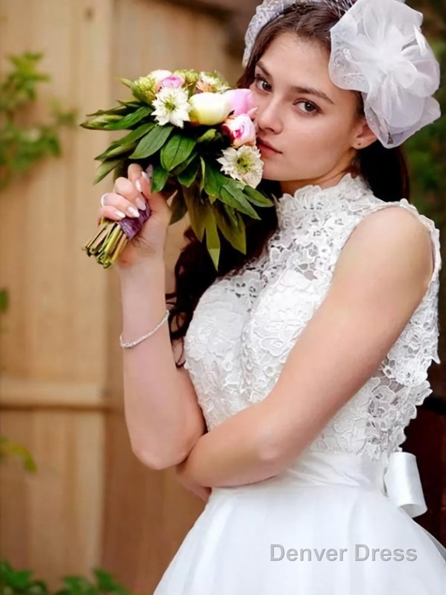 A Line High Neck Knee Length Tulle Wedding Dresses