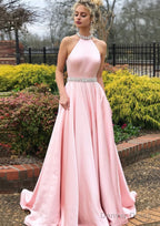 A-line/Princess High-Neck Sleeveless Sweep Train Satin Prom Dresses With Waistband Beading