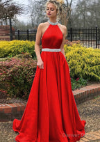 A Line High Neck Sleeveless Sweep Train Satin Prom Dresses With Waistband Beading
