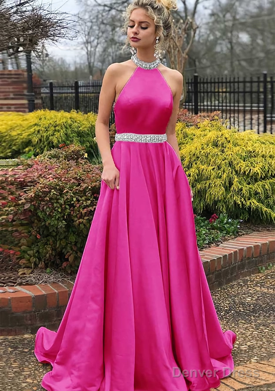A Line High Neck Sleeveless Sweep Train Satin Prom Dresses With Waistband Beading