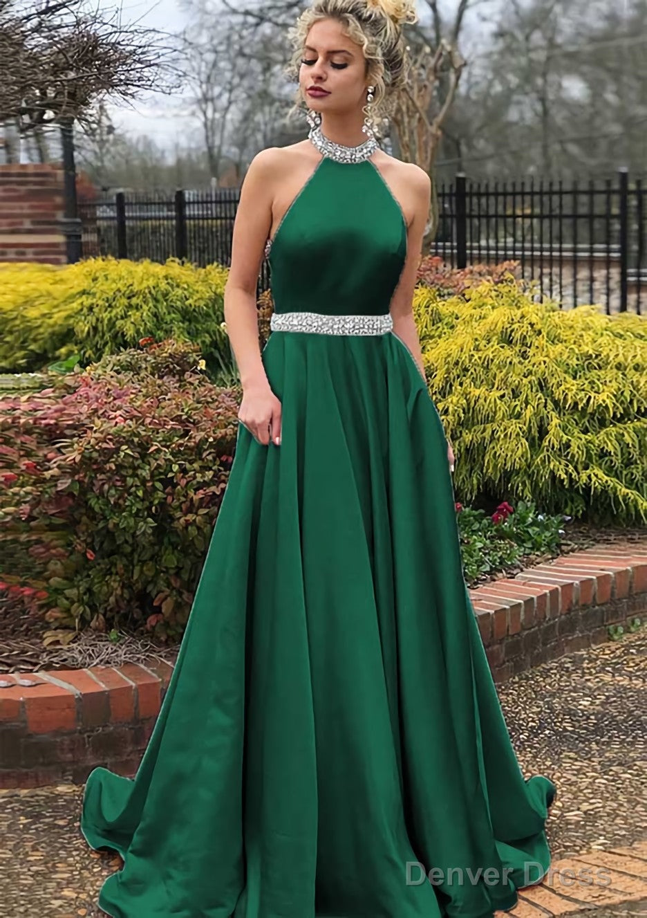 A Line High Neck Sleeveless Sweep Train Satin Prom Dresses With Waistband Beading