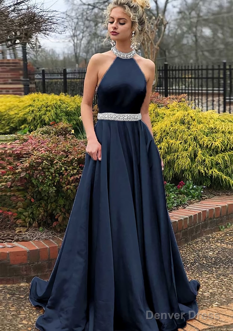 A-line/Princess High-Neck Sleeveless Sweep Train Satin Prom Dresses With Waistband Beading Secondary image