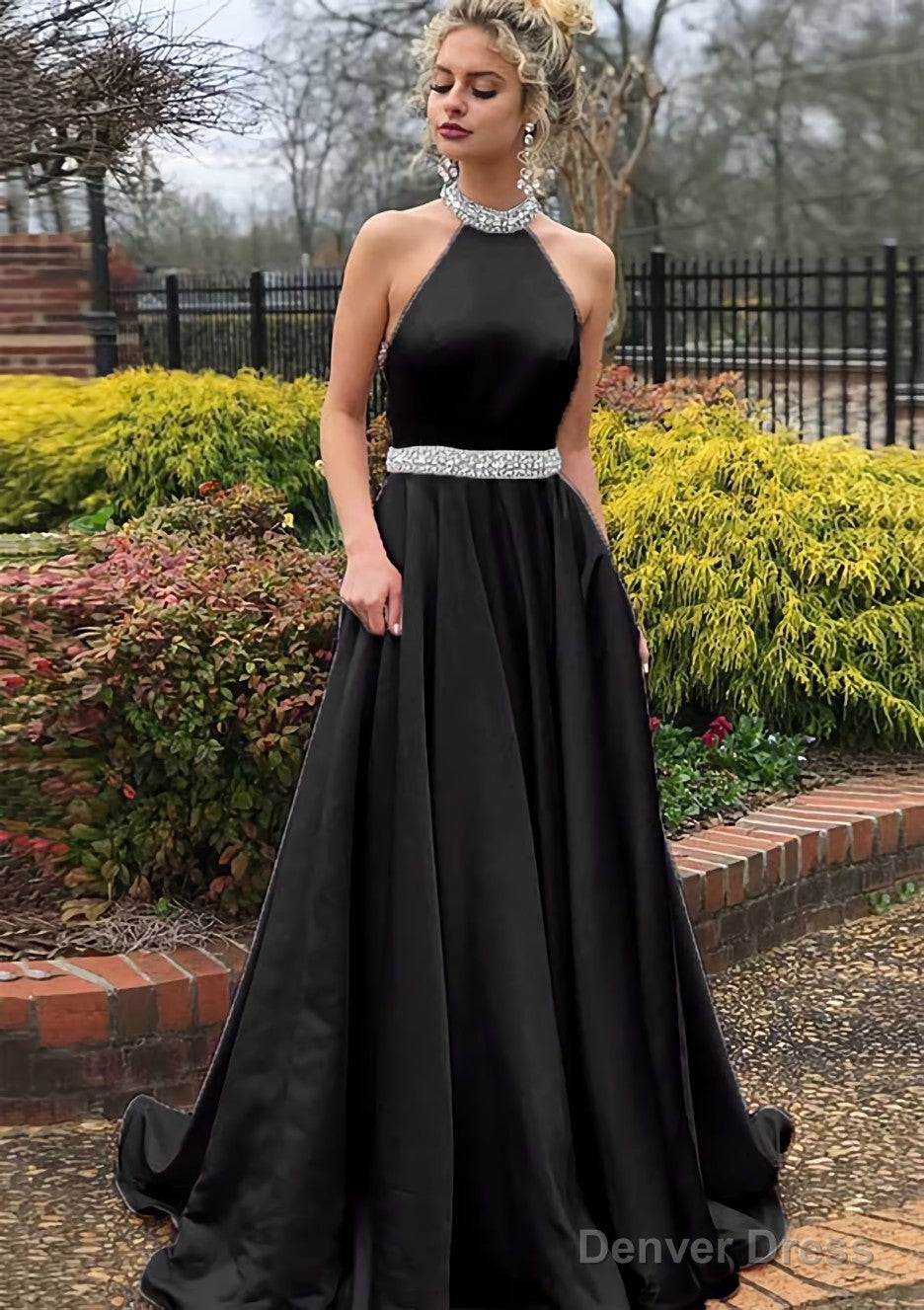 A Line High Neck Sleeveless Sweep Train Satin Prom Dresses With Waistband Beading