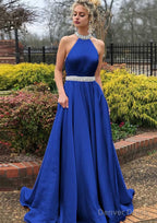 A Line High Neck Sleeveless Sweep Train Satin Prom Dresses With Waistband Beading
