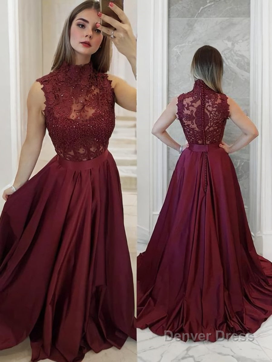 A Line High Neck Sweep Train Satin Prom Dresses With Appliques Lace