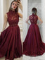 A Line High Neck Sweep Train Satin Prom Dresses With Appliques Lace