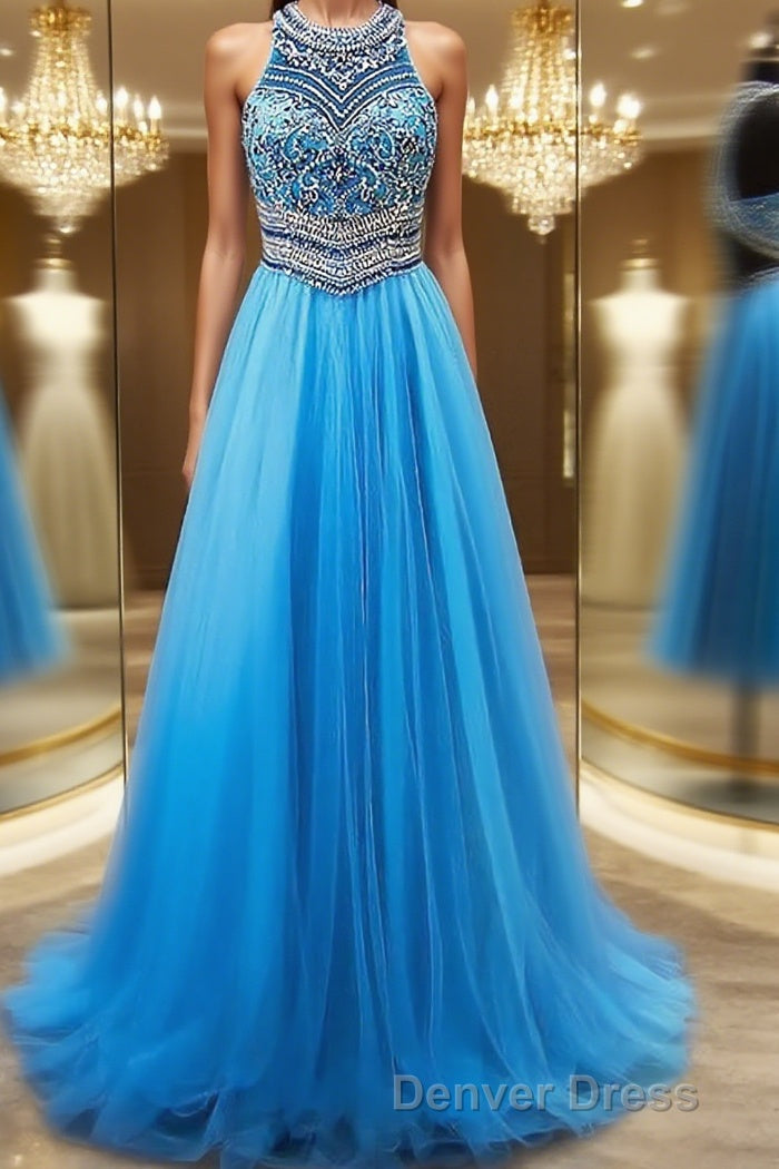 A Line Jewel Sweep Train Tulle Prom Dresses With Beading Main image