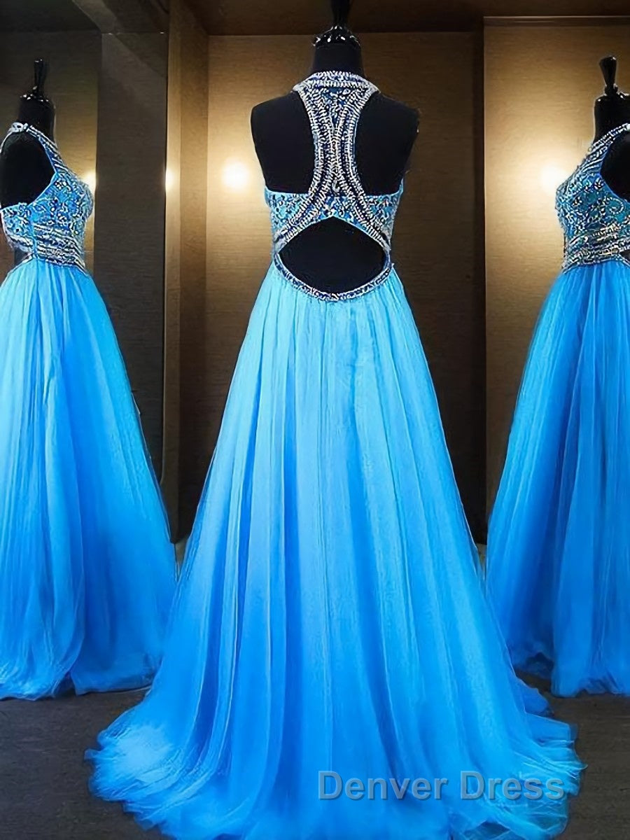 A Line Jewel Sweep Train Tulle Prom Dresses With Beading Secondary image