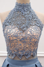 A Line Lace & Satin Halter Cut Out Back Prom Dresses