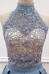 A-Line/Princess Lace & Satin Halter Cut-Out Back Prom Dress