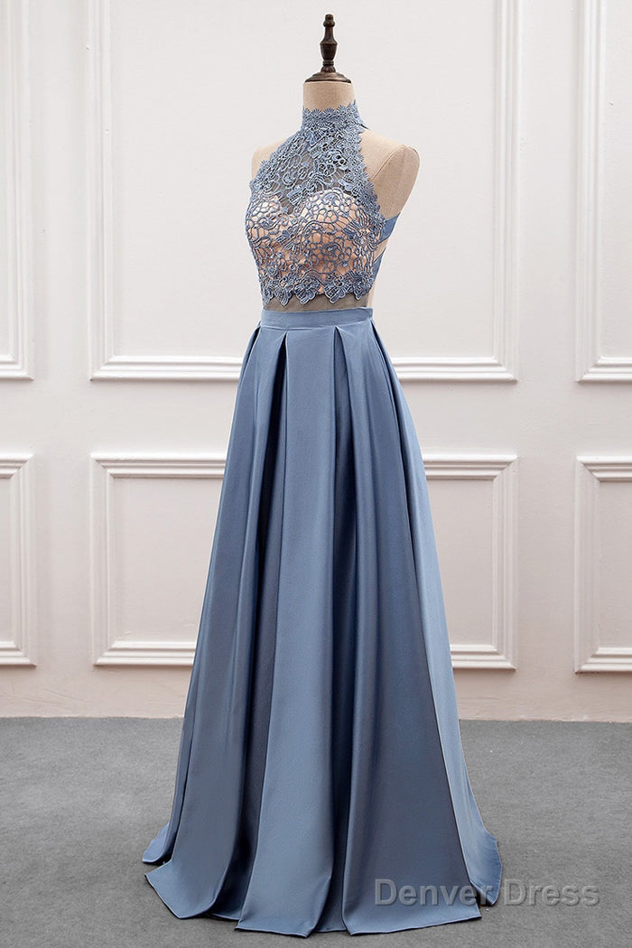 A Line Lace & Satin Halter Cut Out Back Prom Dresses