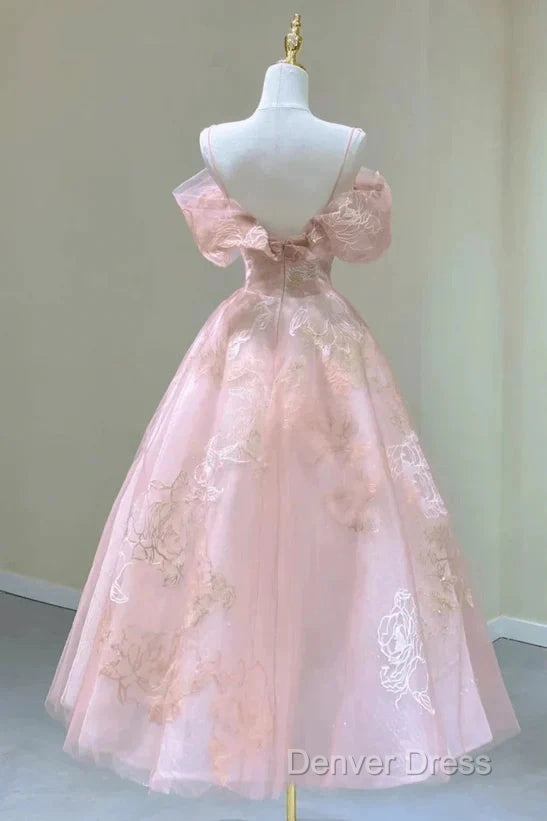 A-Line Princess Lovely Pink Tea Length Straps Tulle Formal Dresses Prom Dresses Secondary image