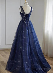 A-Line Princess Navy Blue Tulle Beaded V-neckline Party Dress Shiny Tulle Prom Dress