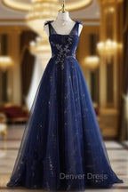A-Line Princess Navy Blue Tulle Beaded V-neckline Party Dresses Shiny Tulle Prom Dresses