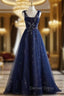 A-Line Princess Navy Blue Tulle Beaded V-neckline Party Dresses Shiny Tulle Prom Dresses