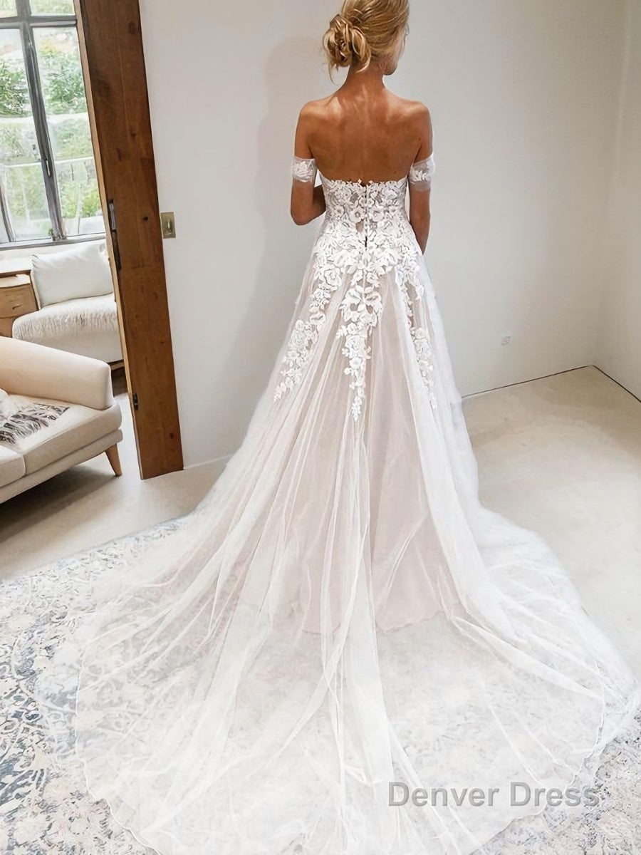 A Line Off The Shoulder Cathedral Train Tulle Wedding Dresses With Appliques Lace Secondary image