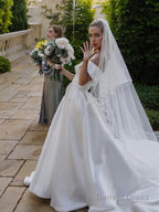 A Line Off The Shoulder Cathedral Train Satin Wedding Dresses