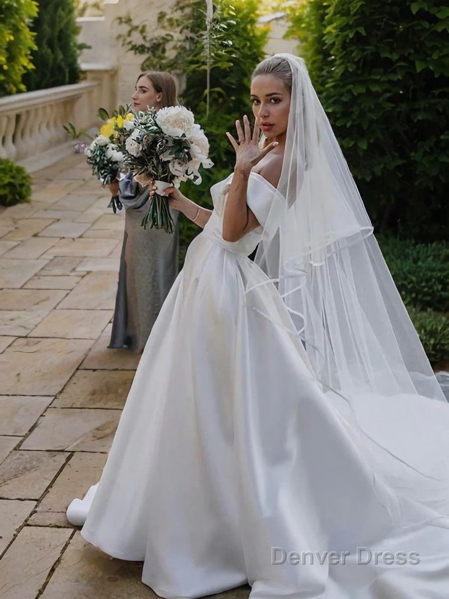 A Line Off The Shoulder Cathedral Train Satin Wedding Dresses