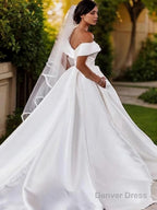 A Line Off The Shoulder Chapel Train Satin Wedding Dresses
