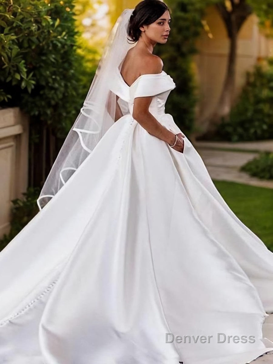 A Line Off The Shoulder Chapel Train Satin Wedding Dresses