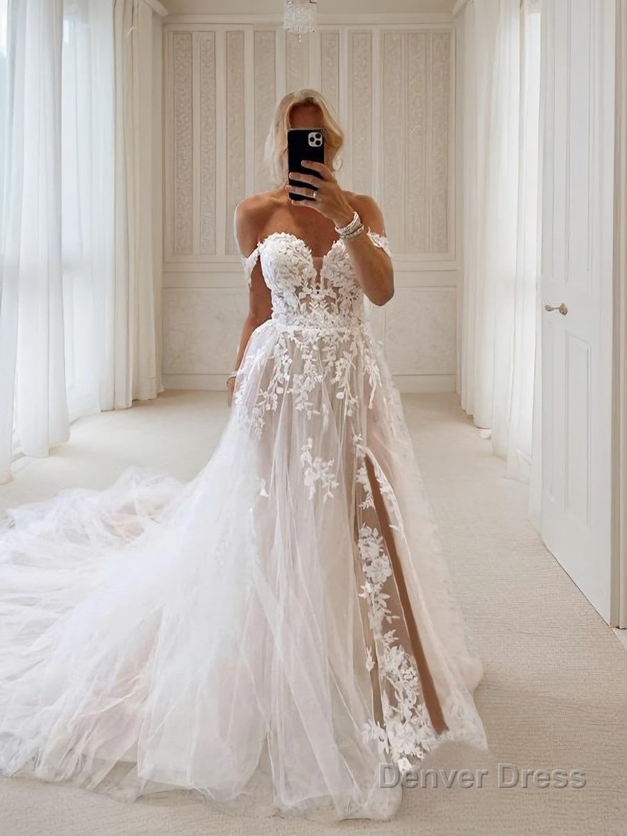 A Line Off The Shoulder Chapel Train Tulle Wedding Dresses With Leg Slit