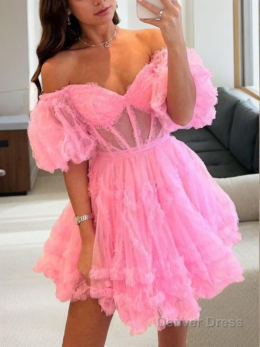 A Line Off The Shoulder Corset Short Mini Tulle Homecoming Dresses With Ruffles