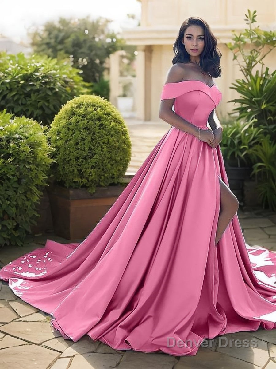 A Line Off The Shoulder Court Train Satin Prom Dresses With Leg Slit Main image