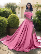 A Line Off The Shoulder Court Train Satin Prom Dresses With Leg Slit