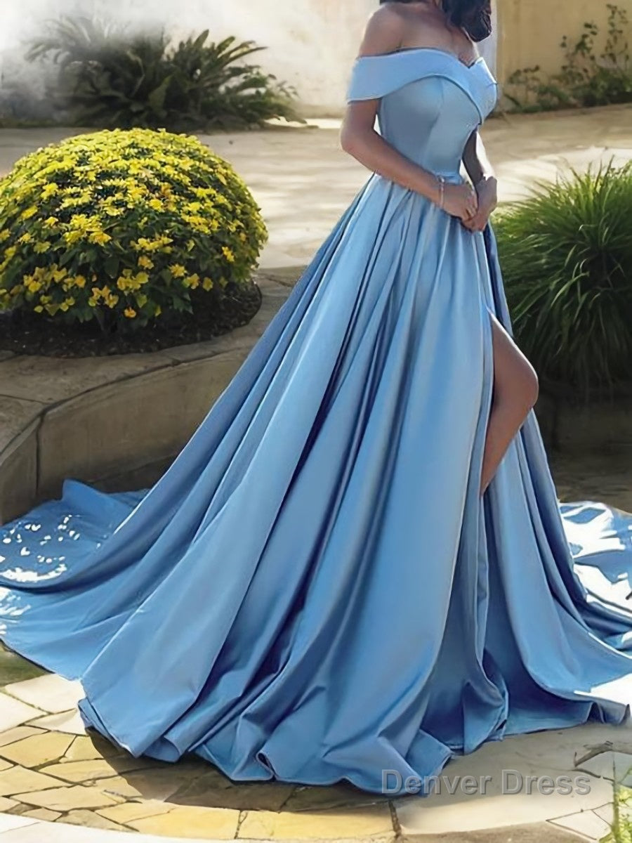 A Line Off The Shoulder Court Train Satin Prom Dresses With Leg Slit Secondary image