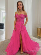 A Line Off The Shoulder Court Train Tulle Prom Dresses With Leg Slit