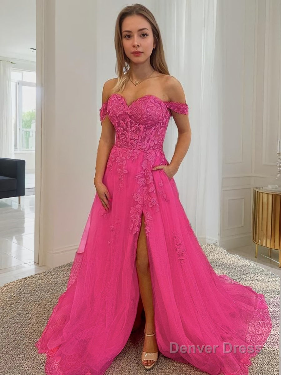 A Line Off The Shoulder Court Train Tulle Prom Dresses With Leg Slit