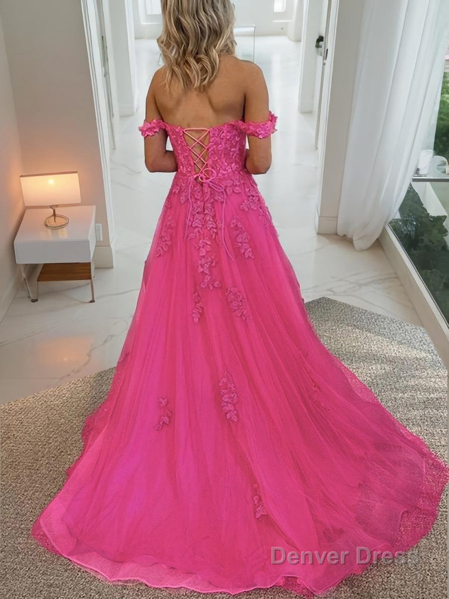 A Line Off The Shoulder Court Train Tulle Prom Dresses With Leg Slit Secondary image