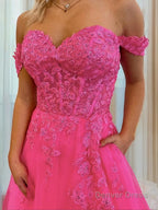 A Line Off The Shoulder Court Train Tulle Prom Dresses With Leg Slit