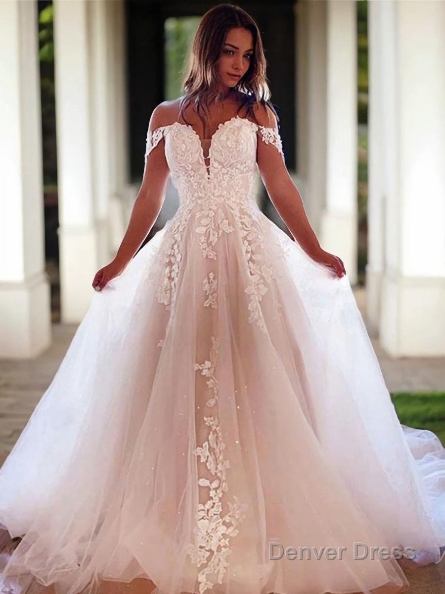 A-Line/Princess Off-the-Shoulder Court Train Tulle Wedding Dresses Main image