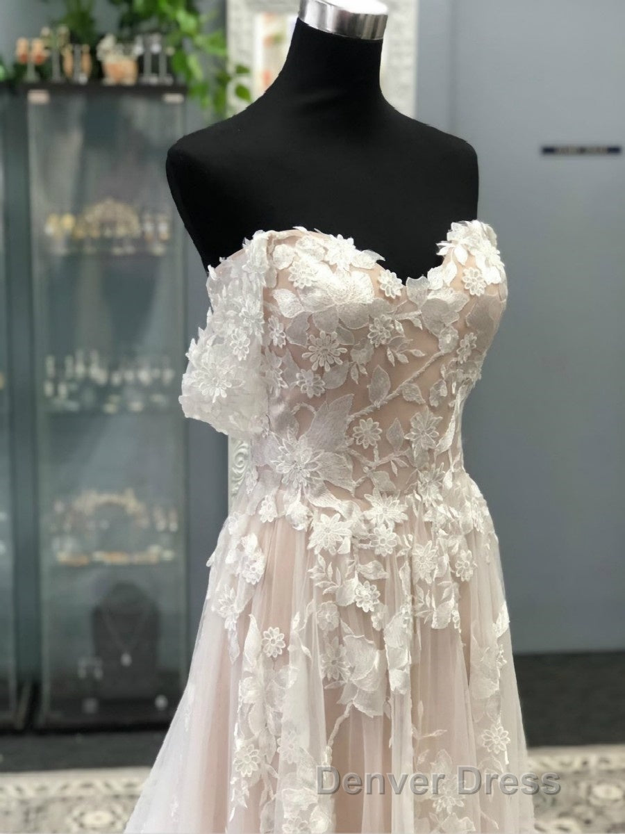 A Line Off The Shoulder Court Train Tulle Wedding Dresses With Appliques Lace