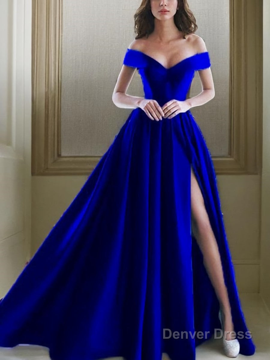 A Line Off The Shoulder Floor Length Satin Prom Dresses With Leg Slit Main image