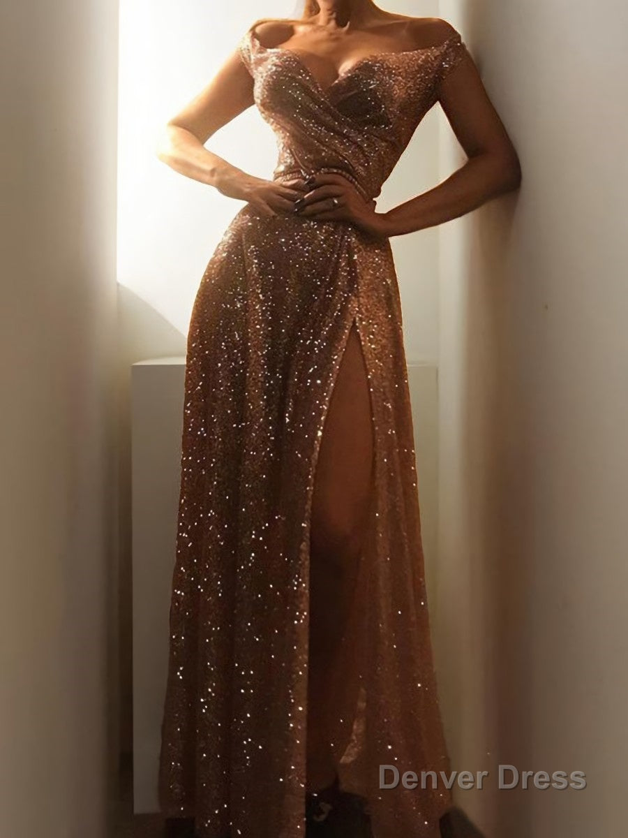A-Line/Princess Off-the-Shoulder Floor-Length Sequins Prom Dresses With Leg Slit Main image