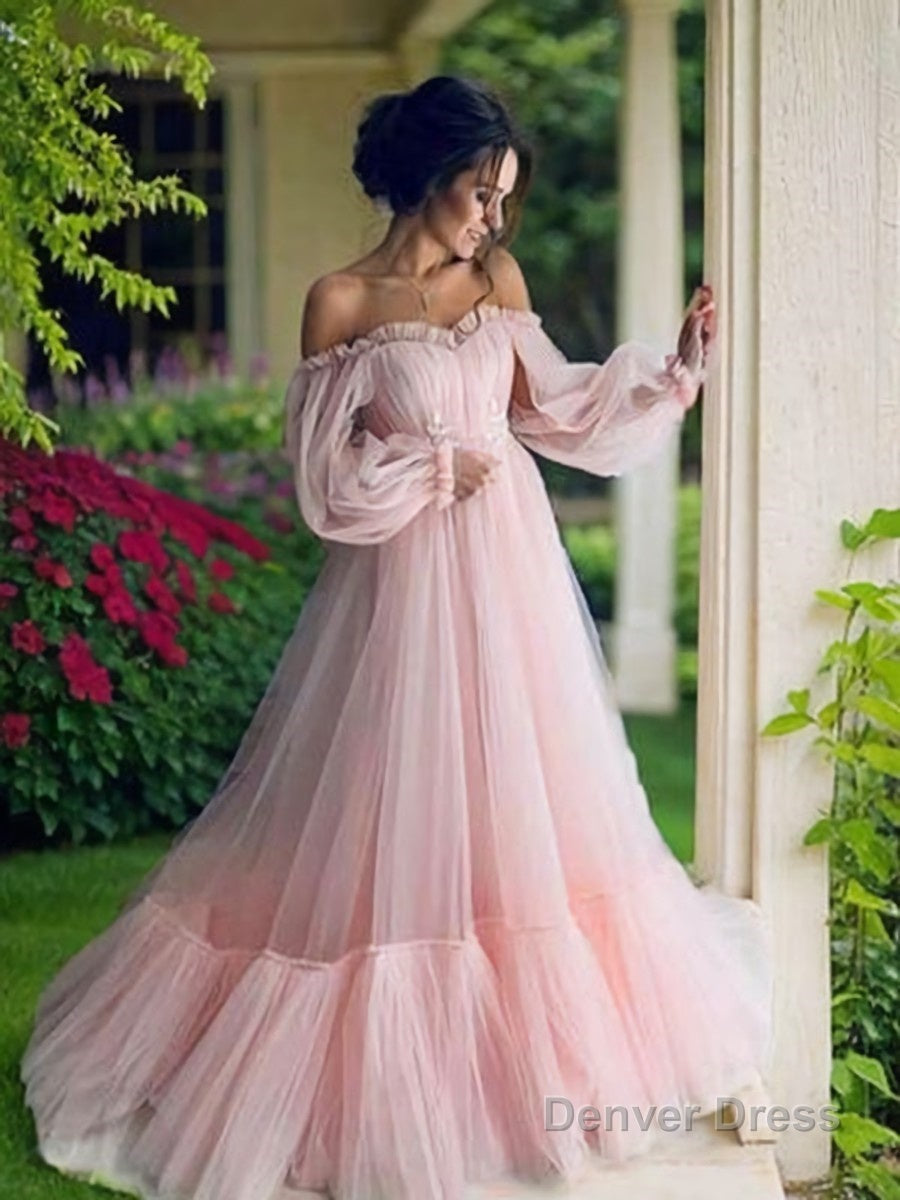 A Line Off The Shoulder Floor Length Tulle Prom Dresses With Appliques Lace