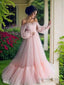 A Line Off The Shoulder Floor Length Tulle Prom Dresses With Appliques Lace