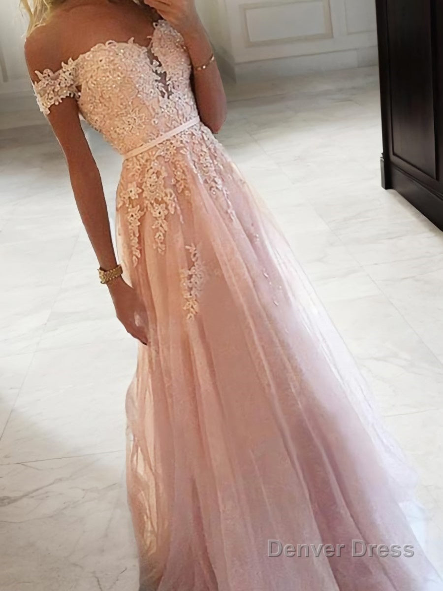 A Line Off The Shoulder Floor Length Tulle Prom Dresses With Appliques Lace