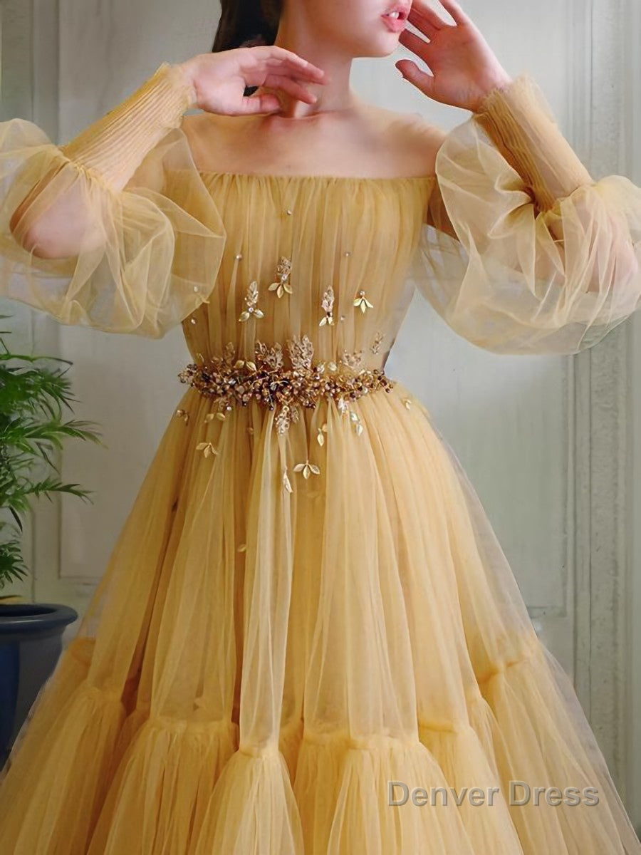 A Line Off The Shoulder Floor Length Tulle Prom Dresses With Beading Secondary image