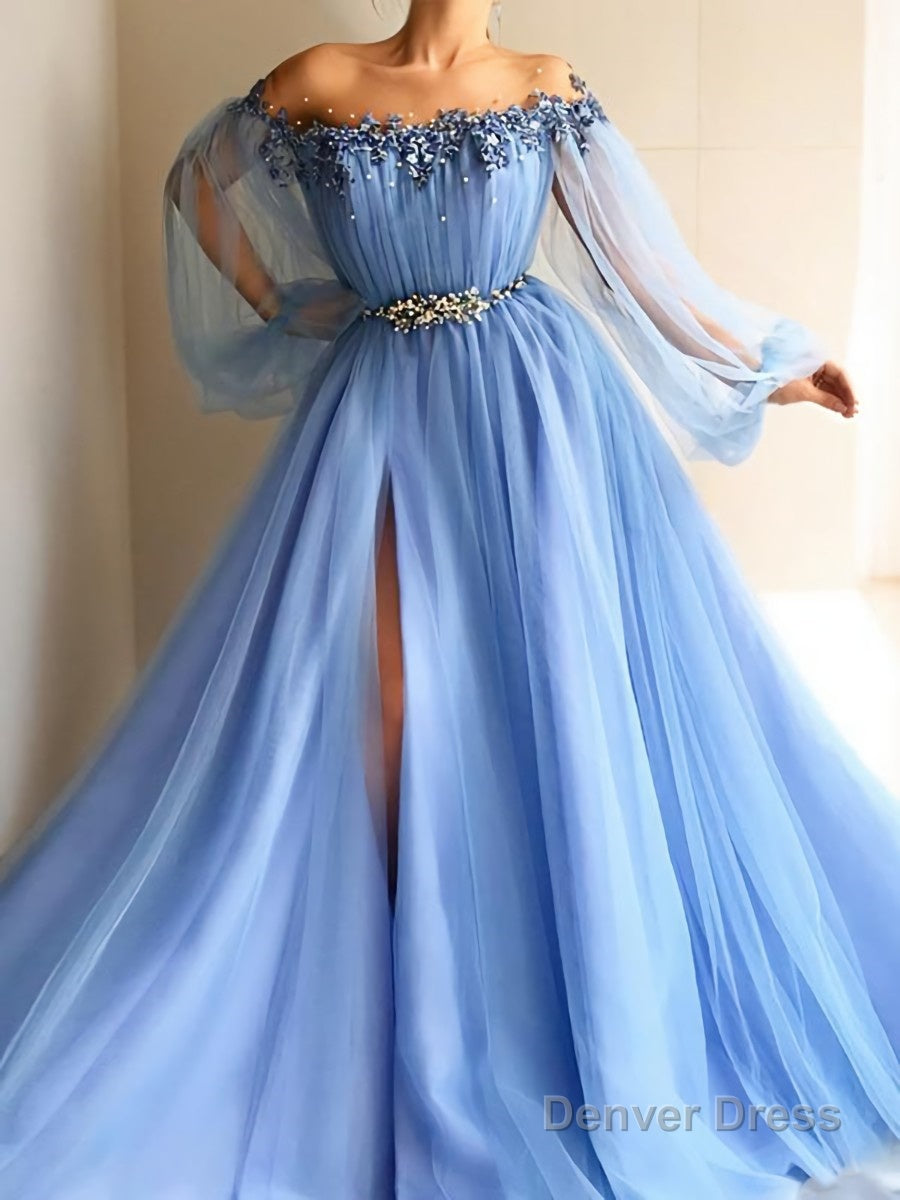 A Line Off The Shoulder Floor Length Tulle Prom Dresses With Leg Slit