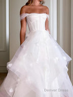 A Line Off The Shoulder Floor Length Tulle Wedding Dresses