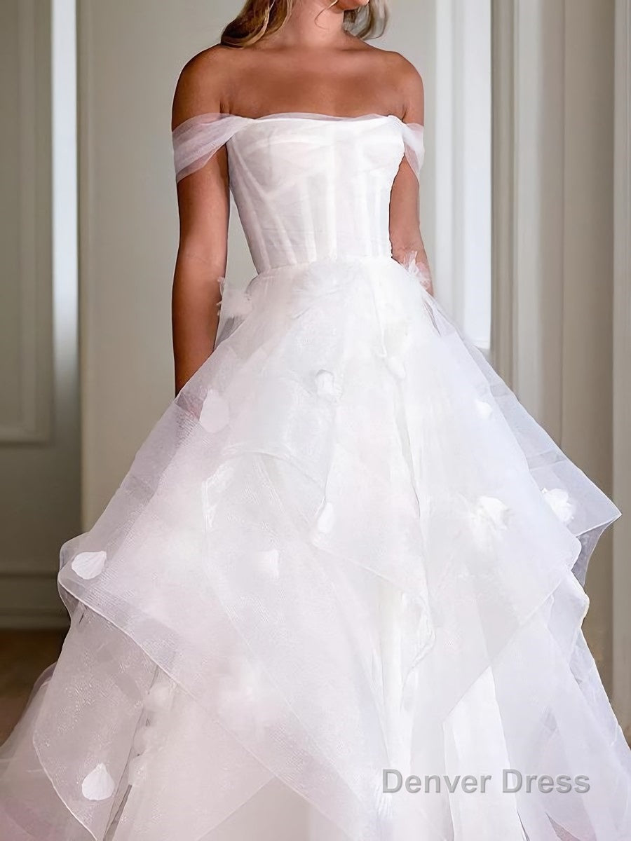 A Line Off The Shoulder Floor Length Tulle Wedding Dresses