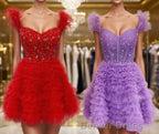 A Line Off The Shoulder Knee Length Tulle Homecoming Dresses with Cascading Ruffles