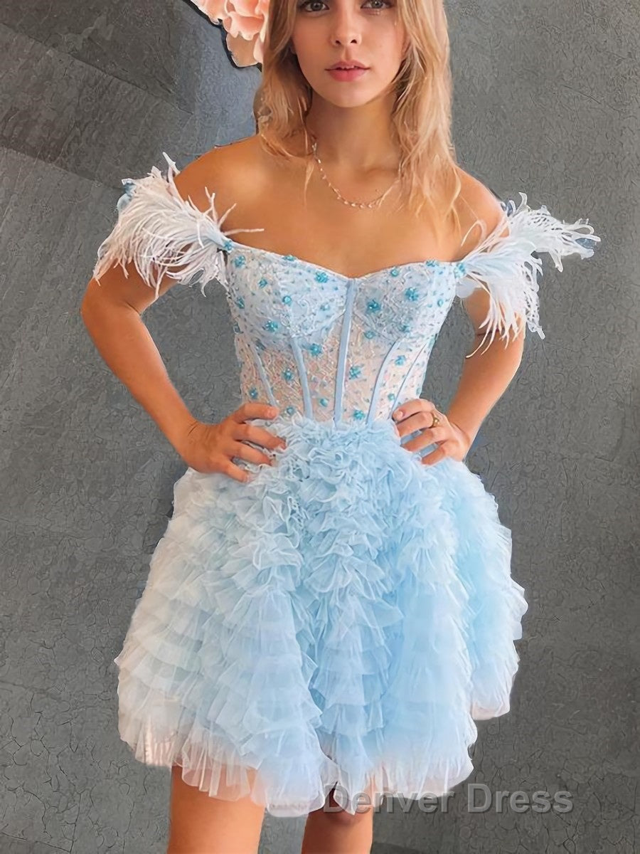A Line Off The Shoulder Knee Length Tulle Homecoming Dresses with Cascading Ruffles Secondary image
